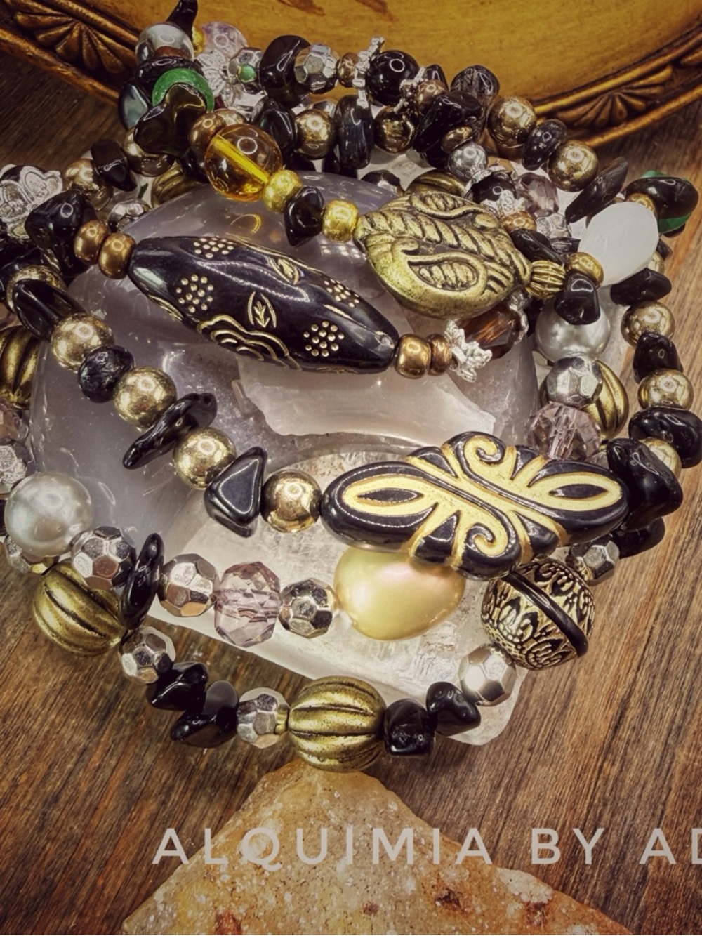 Black onyx Gold & Pearl Multi-Strand Beaded Bracelet